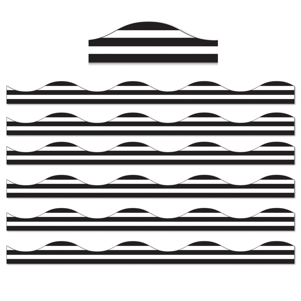 Ashley Productions Magnetic Scallop Border, Black Horizontal Stripes On White, 12ft Per Pack, Set Of 6 Packs