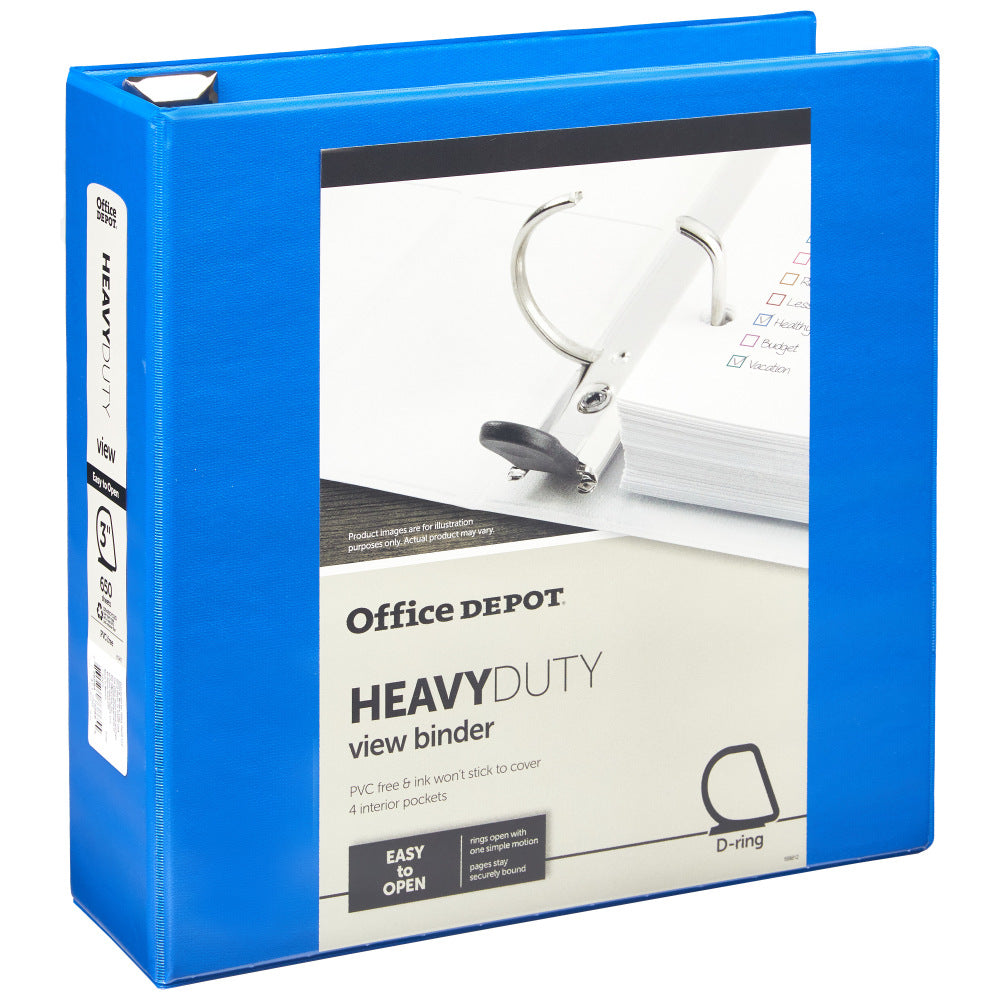 Office Depot Brand Heavy-Duty View 3-Ring Binder, 3in D-Rings, Blue