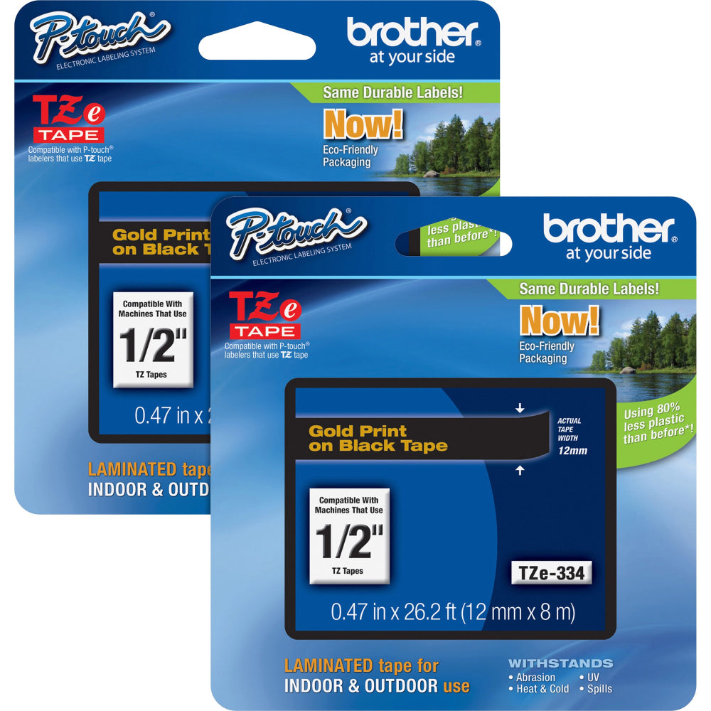 Brother P-touch TZe Laminated Tape Cartridges, 1/2inW, Black, 2 Per Bundle