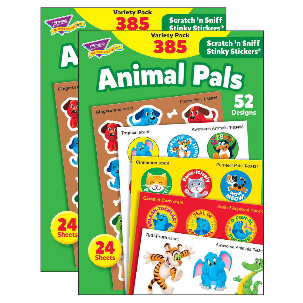 Trend Stinky Stickers, 1in, Animal Pals, 385 Stickers Per Pack, Set Of 2 Packs