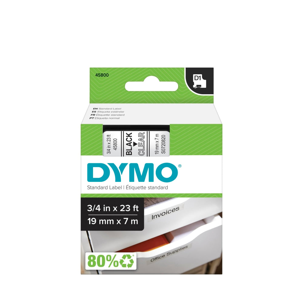 DYMO D1 Thermal Transfer Label Cartridge, 45800, 3/4in x 23ft , Black Print/Clear Tape