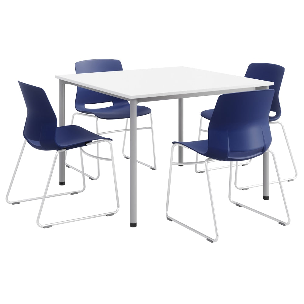 KFI Studios Dailey Square Dining Set With Sled Chairs, White/Silver/Navy