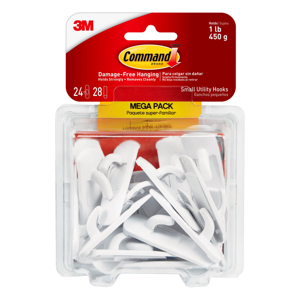 3M Command Mega Pack Utility Hooks, Small, White, Pack Of 24
