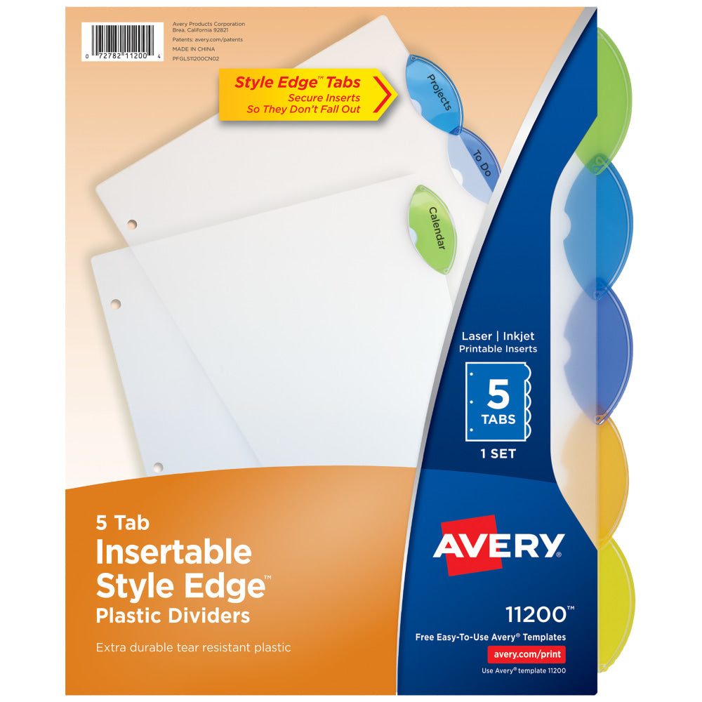 Avery Style Edge Insertable Plastic Dividers, Multicolor, 5-Tab, Pack Of 5 Dividers