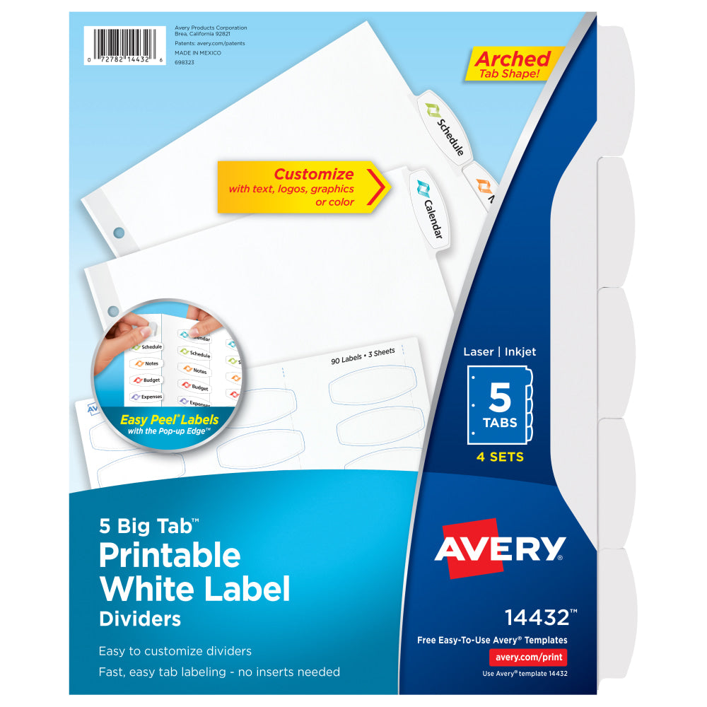 Avery Easy Peel Pop-up Edge Label Dividers, 8 1/2in x 11in, 5-Tab, White, Pack Of 4