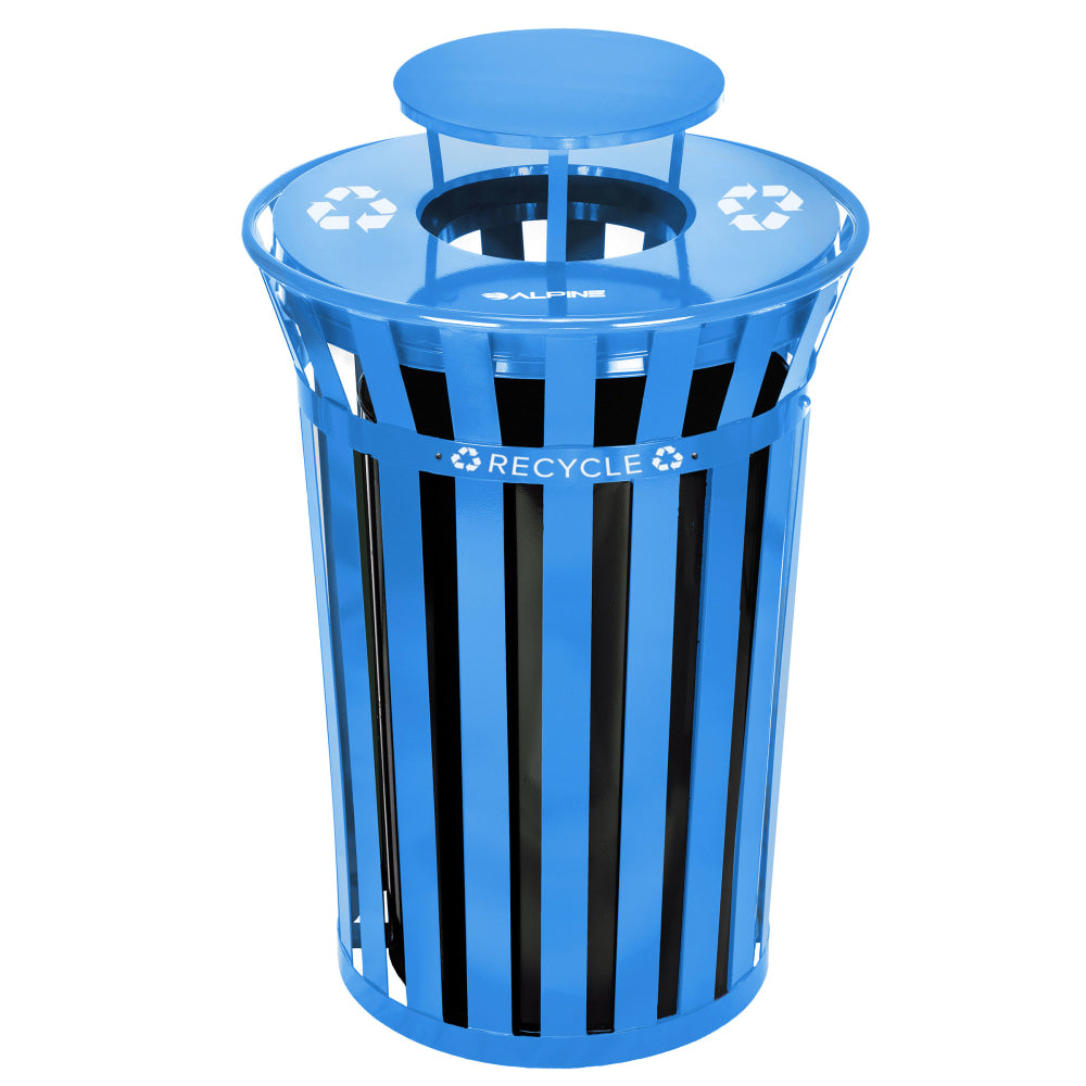 Alpine Industries Metal Slatted Outdoor Commercial Trash Can Receptacle With Rain Bonnet Lid And Liner, 38 Gallons, Blue