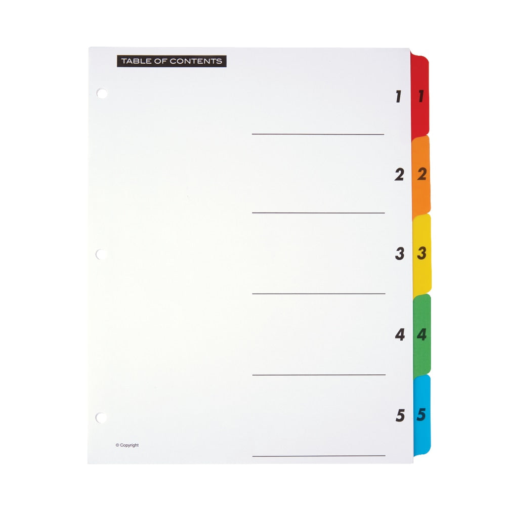 Office Depot Brand Table Of Contents Customizable Index With Preprinted Tabs, Multicolor, Numbered 1-5, Pack Of 6 Sets