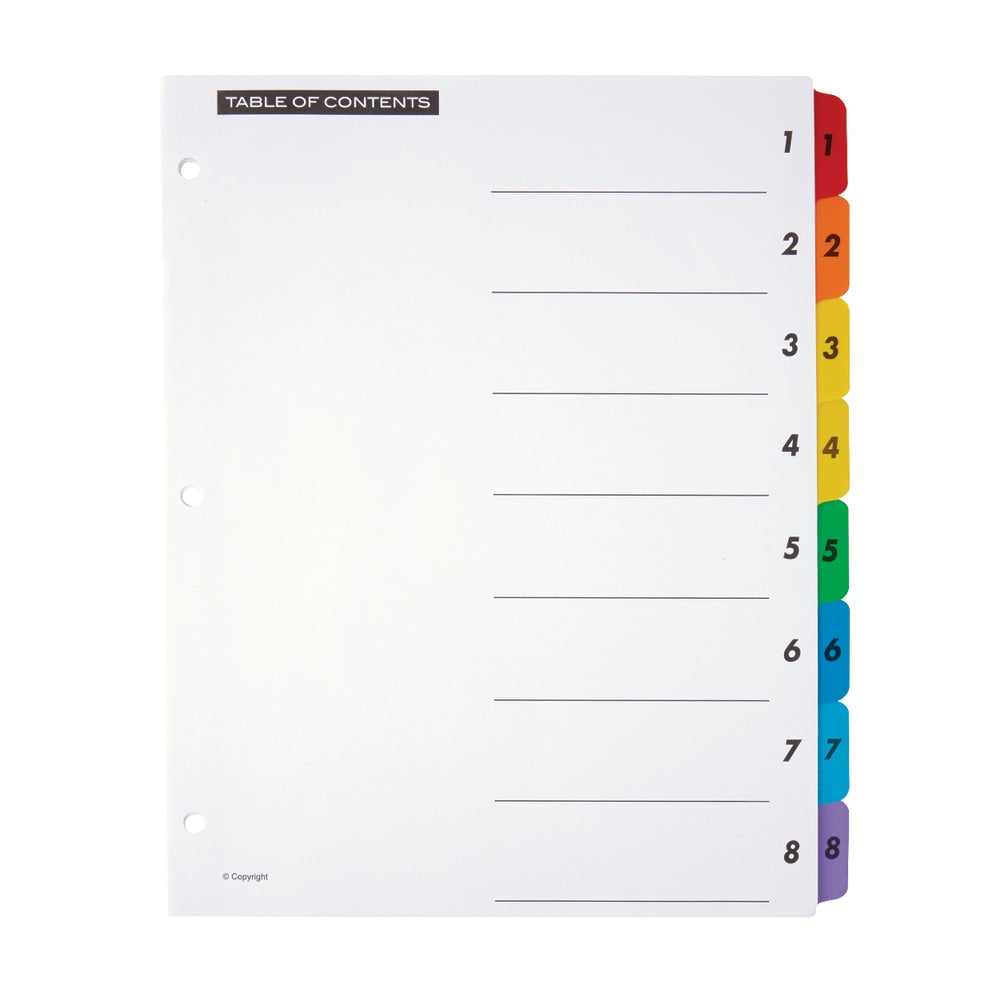 Office Depot Brand Table Of Contents Customizable Index With Preprinted Tabs, Multicolor, Numbered 1-8, Pack Of 6 Sets