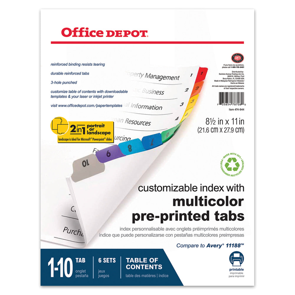 Office Depot Brand Table Of Contents Customizable Index With Preprinted Tabs, Multicolor, Numbered 1-10, Pack Of 6 Sets