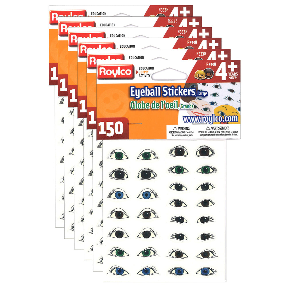 Roylco Large Eyeball Stickers, Assorted Colors, 150 Stickers Per Pack, Set Of 6 Packs