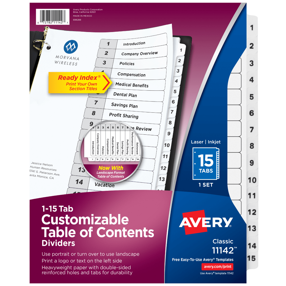 Avery Ready Index 1-15 Tab With Customizable Table Of Contents Dividers, Letter Size, 15 Tab, White, 1 Set