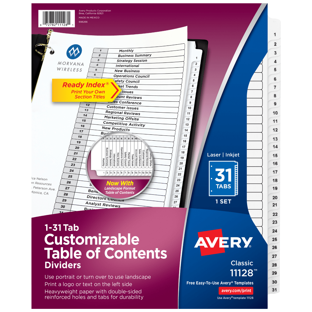 Avery Ready Index 1-31 Tab With Customizable Table Of Contents Dividers, Letter Size, 31 Tab, White, 1 Set