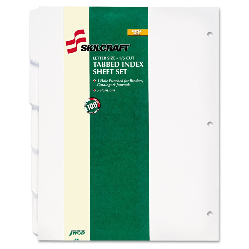 SKILCRAFT Loose-leaf Binder Index Sheet Set, 100 x Divider(s), 5 Tab(s)/Set - 8.5in Divider Width x 11in Divider Length, 3 Hole Punched, White Tab(s) - 100 / Box