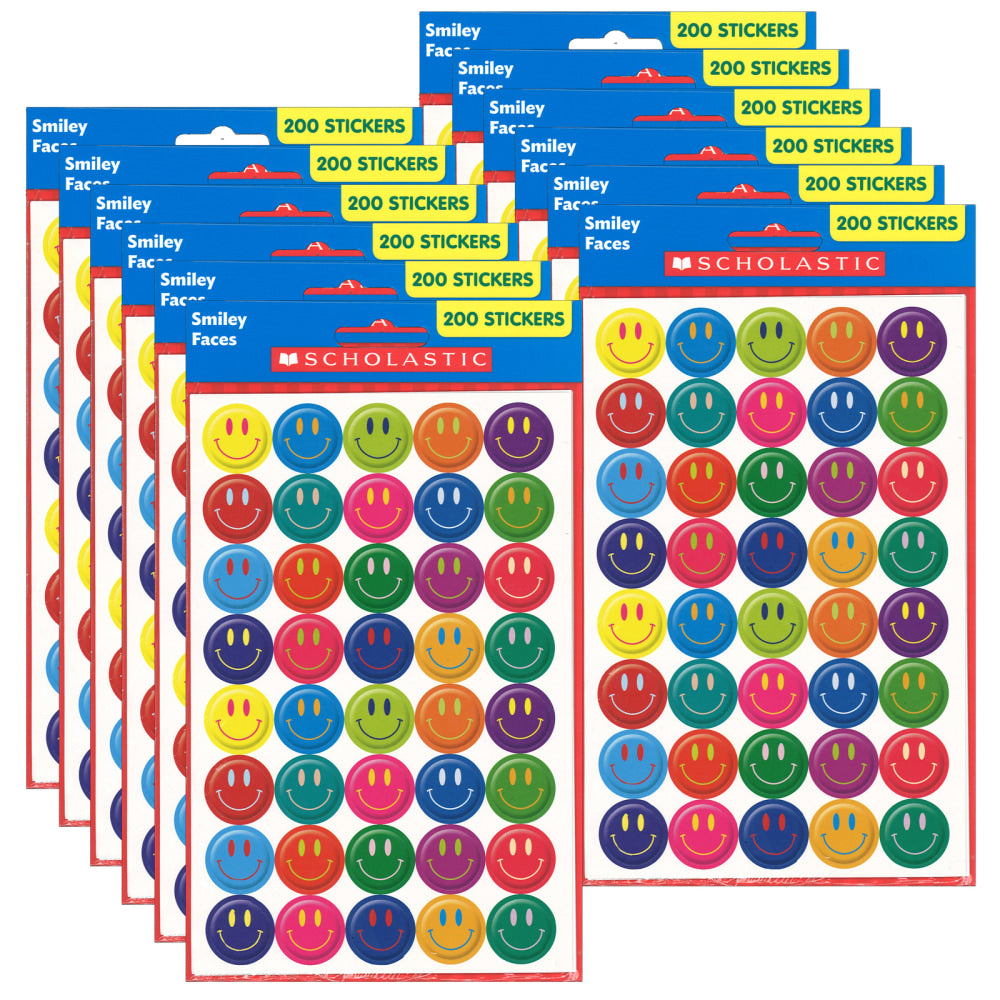 Scholastic Teacher Resources Stickers, Smiley Faces, 200 Stickers Per Pack, Set Of 12 Packs