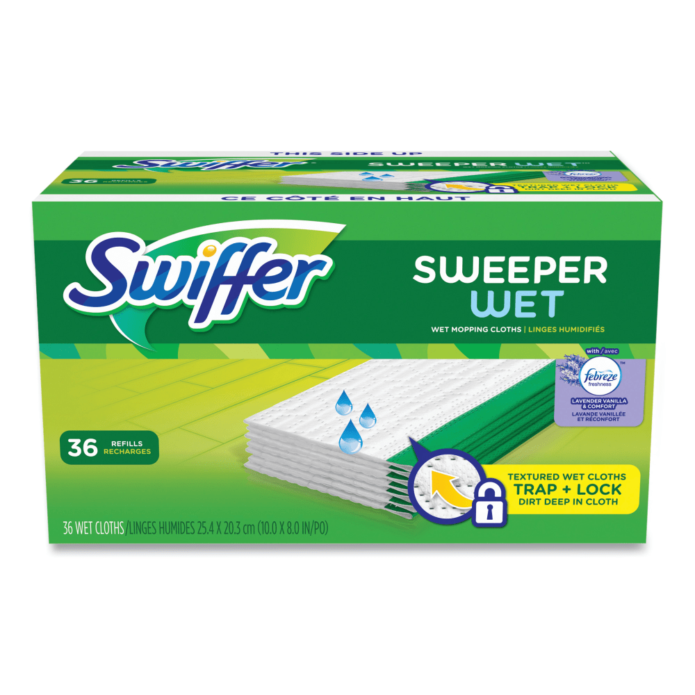 Swiffer Wet Refill Cloths, 10in x 8in, Lavender Vanilla And Comfort, White, Carton Of 36 Cloths