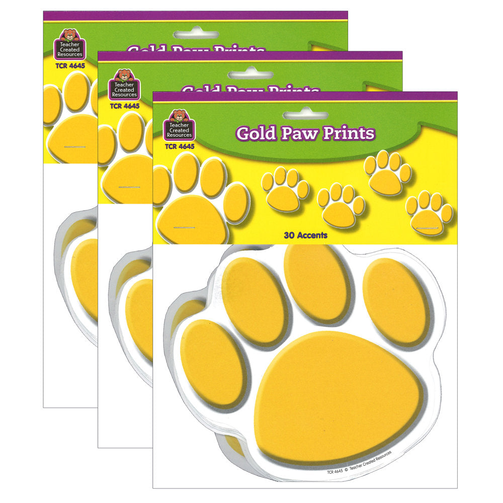 Teacher Created Resources Accents, Gold Paw Prints, 30 Accents Per Pack, Set Of 3 Packs