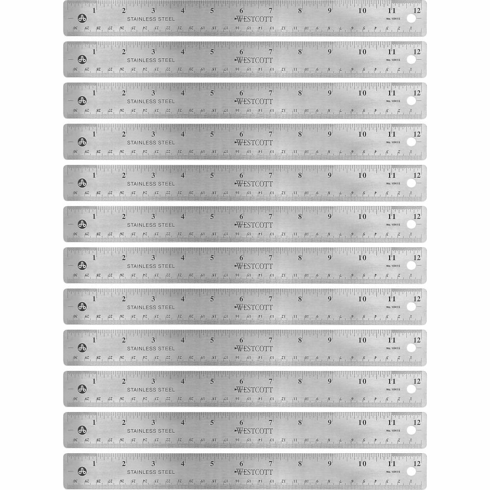 Westcott Stainless Steel Rulers, 12in L x 1in W, Stainless Steel, Pack Of 12