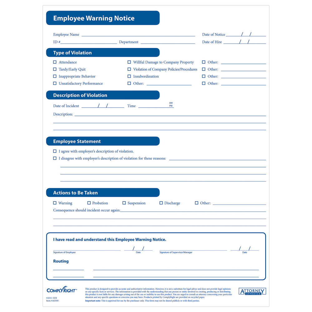 ComplyRight Employee Warning Notices, Pack Of 50