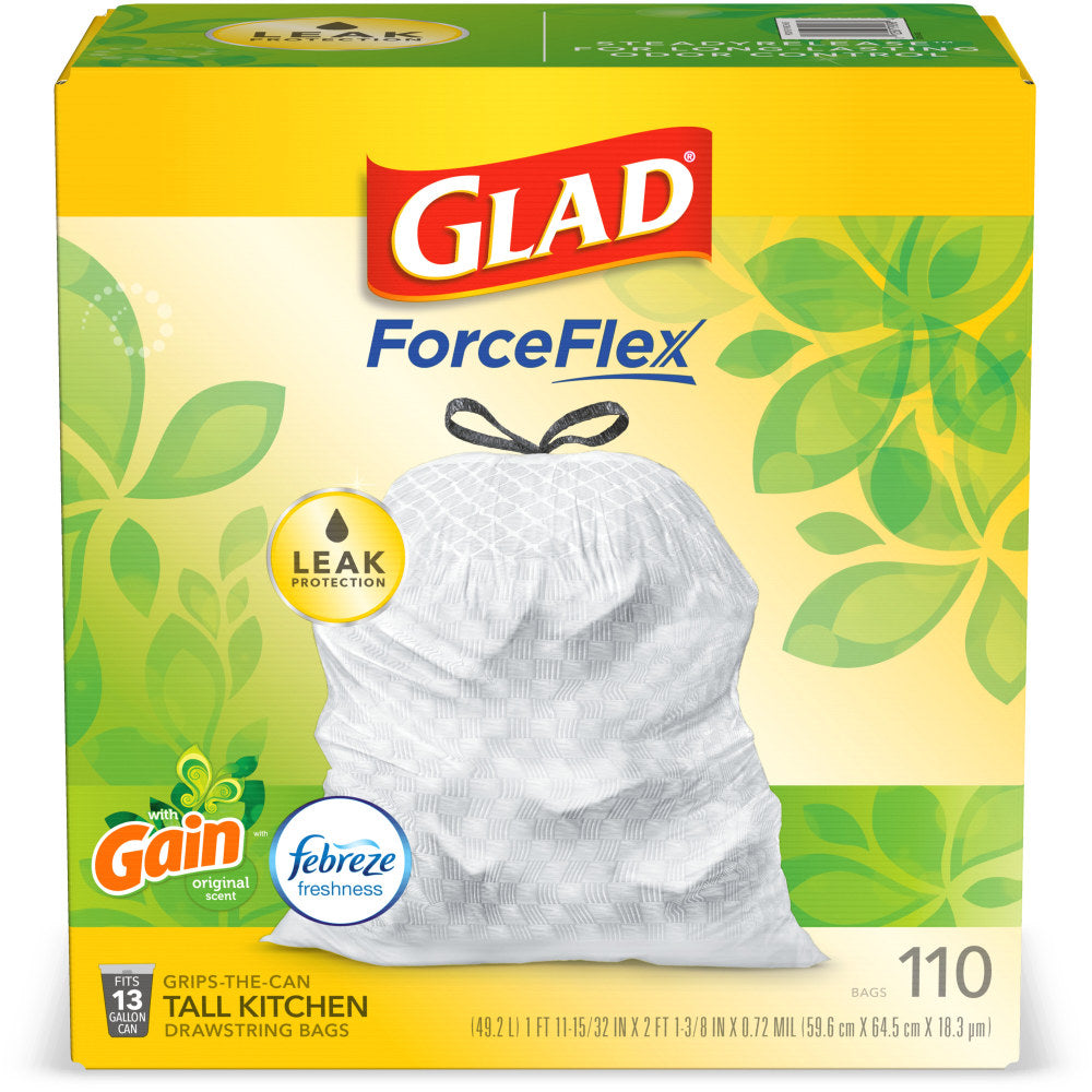 Glad ForceFlex Tall Kitchen Drawstring Trash Bags, 13 Gallon, White, Gain Original Scent With Febreze Freshness, 110 Count