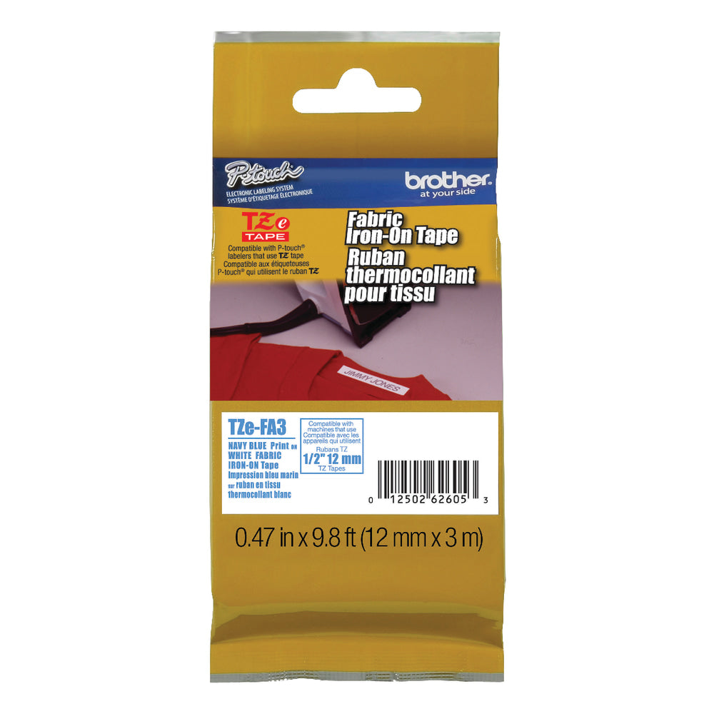 Brother TZeFA3 Ptouch Iron-On Tape - 15/32in Width - Thermal Transfer - White, Navy Blue - 1 Each - Water Resistant - High Durable, Abrasion Resistant, Fade Resistant, Chemical Resistant, Temperature Resistant, Iron-on Transfer