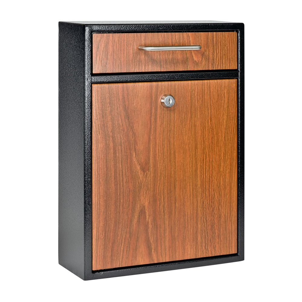 Mail Boss Locking Security Drop Box, 16-1/4inH x 11-1/4inW x 4-3/4inD, Black/Wood Grain
