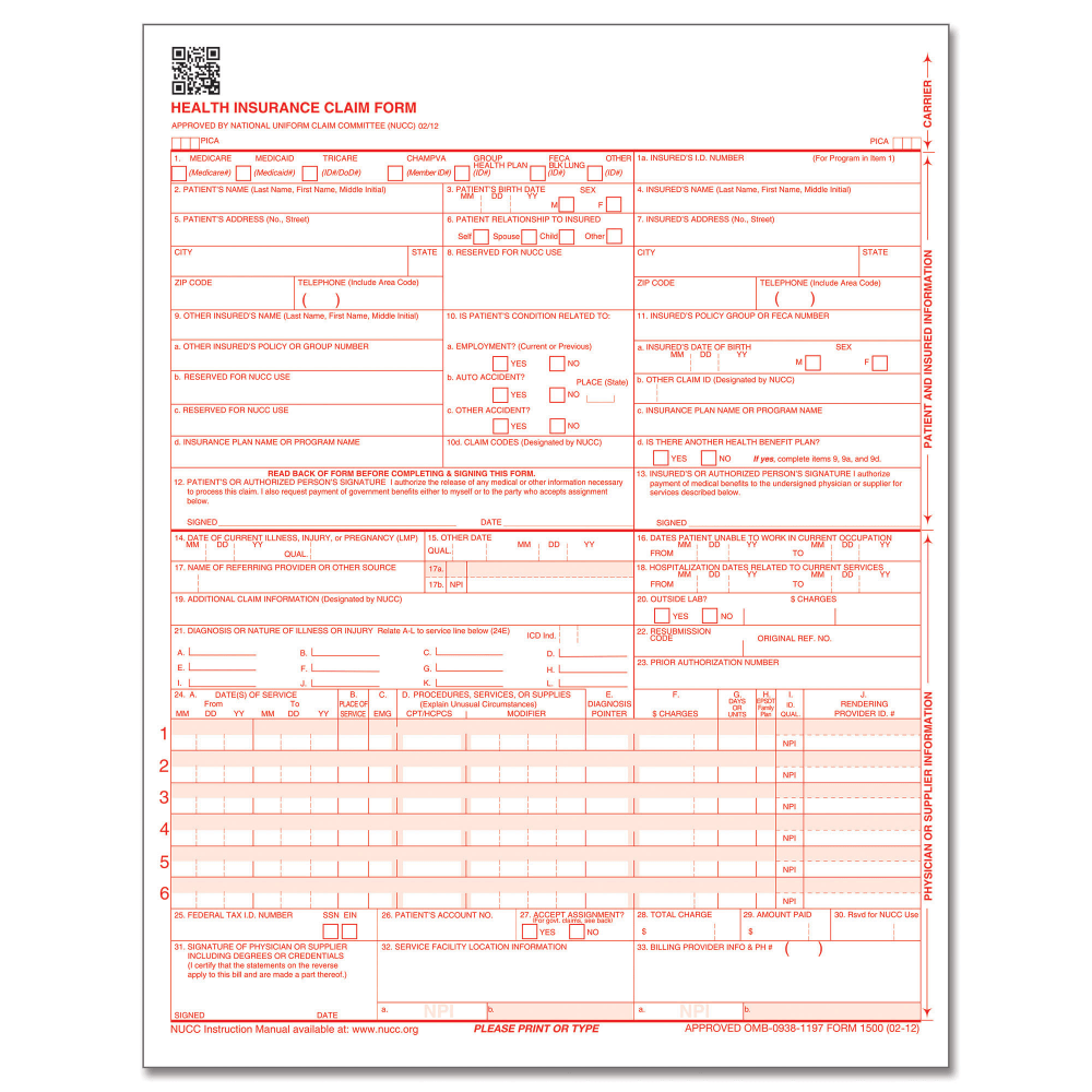ComplyRight CMS-1500 Health Insurance Claim Form (02/12), Laser-Cut Sheet, 8 1/2in x 11in, White, Case of 2,500