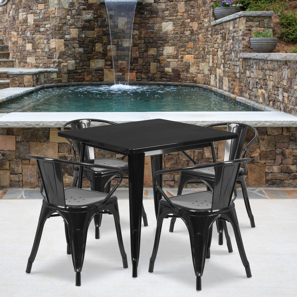 Flash Furniture Commercial-Grade Square Metal Table Set With 4 Arm Chairs, 29-1/2inH x 31-1/2inW x 31-1/2inD, Black