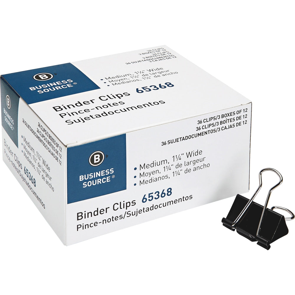 Business Source Binder Clips - Medium - 1.3in Width - for Paper - 36 / Pack - Black