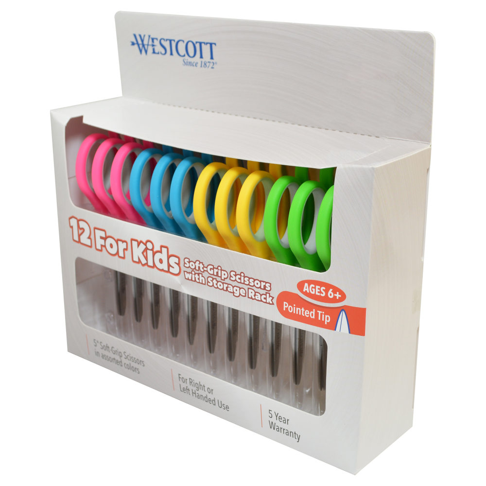 Westcott Soft-Handle Kids Scissors, 5in, Pointed, Assorted Colors, Pack Of 12