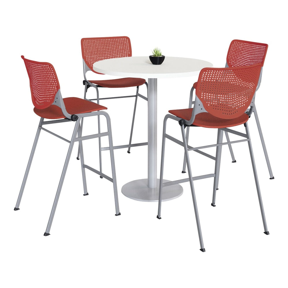 KFI Studios KOOL Round Pedestal Table With 4 Stacking Chairs, 41inH x 36inD, Designer White/Coral Orange
