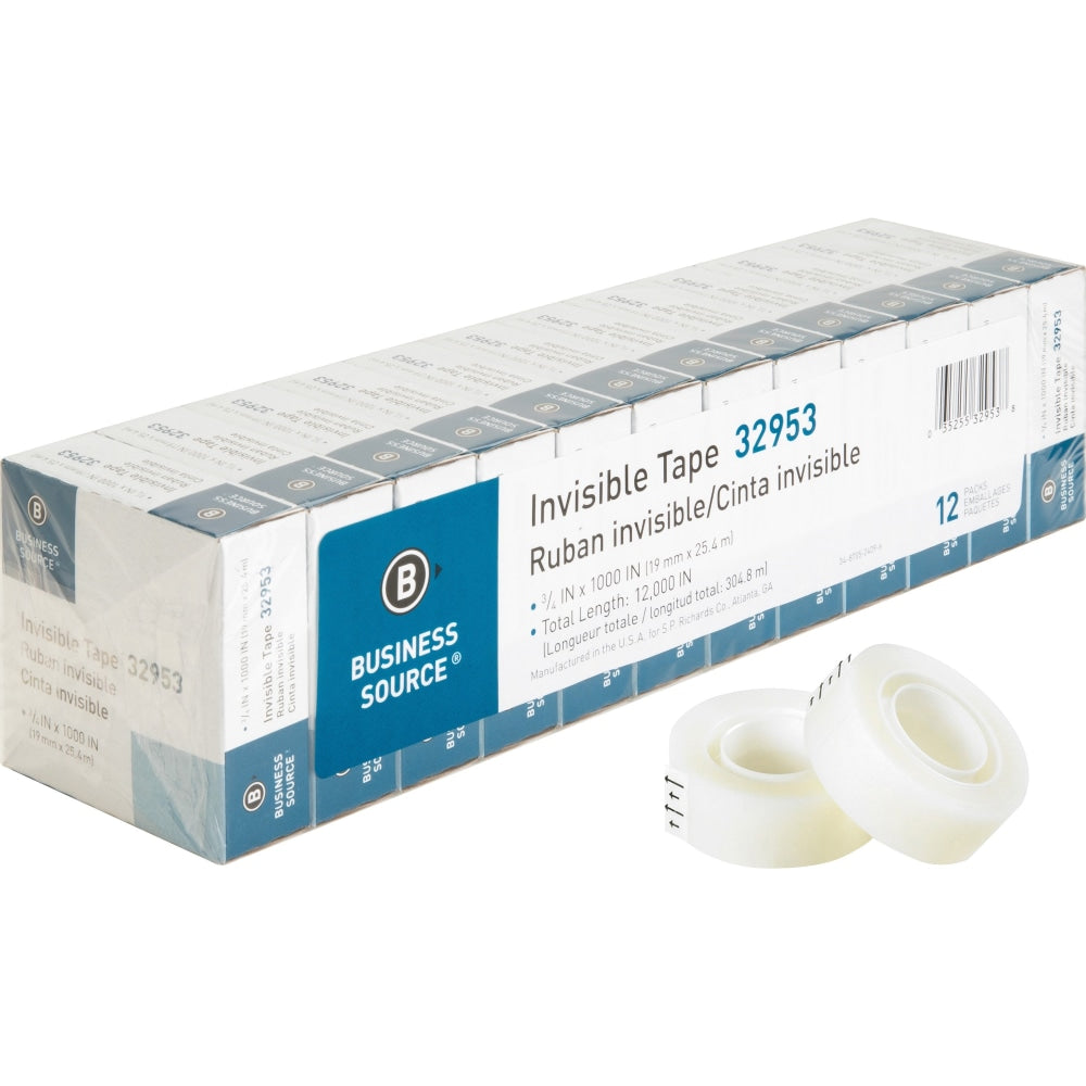 Business Source Premium Invisible Tape Value Pack - 27.78 yd Length x 0.75in Width - 1in Core - For Multipurpose, Splicing, Mending, Holding - 12 / Pack - Clear
