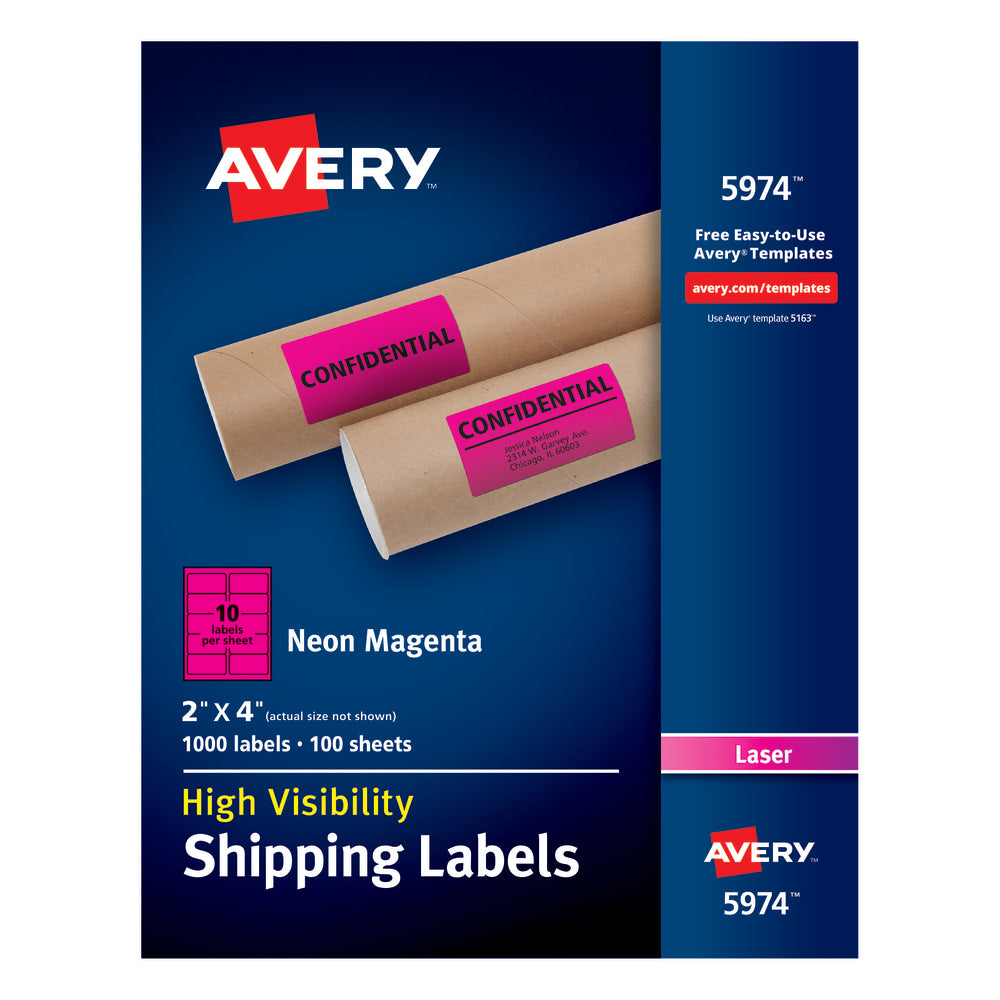 Avery High-Visibility Shipping Labels, AVE5974, 2in x 4in, Neon Magenta, Box Of 1000