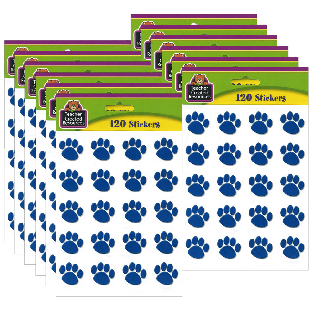 Teacher Created Resources Stickers, Blue Paw Prints, 120 Stickers Per Pack, Set Of 12 Packs