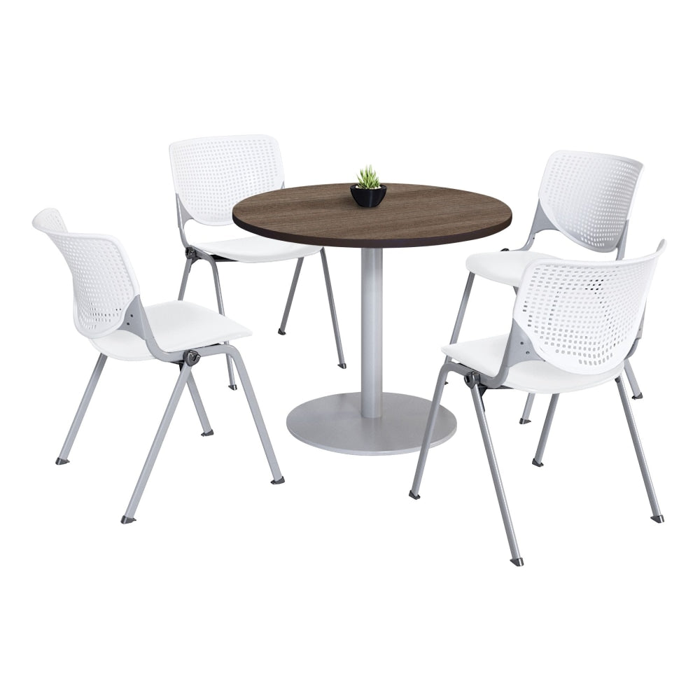 KFI Studios KOOL Round Pedestal Table With 4 Stacking Chairs, Studio Teak/White