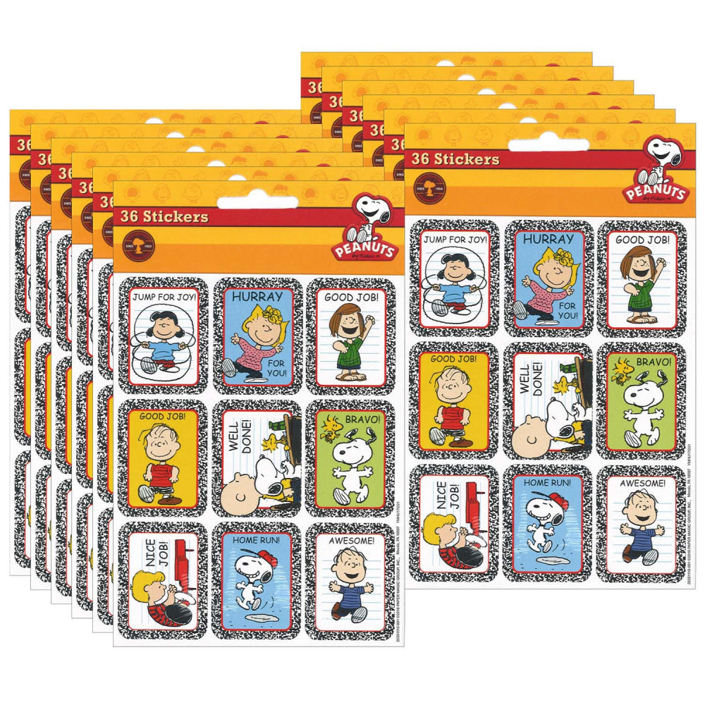 Eureka Giant Stickers, Peanuts Motivational, 36 Stickers Per Pack, Set Of 12 Packs