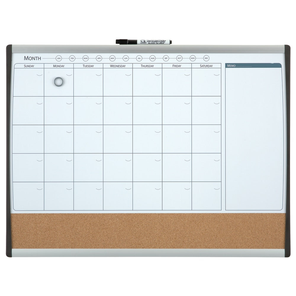 Quartet Calendar Magnetic Dry-Erase Whiteboard, 17in x 23in, Black/Silver Plastic Frame