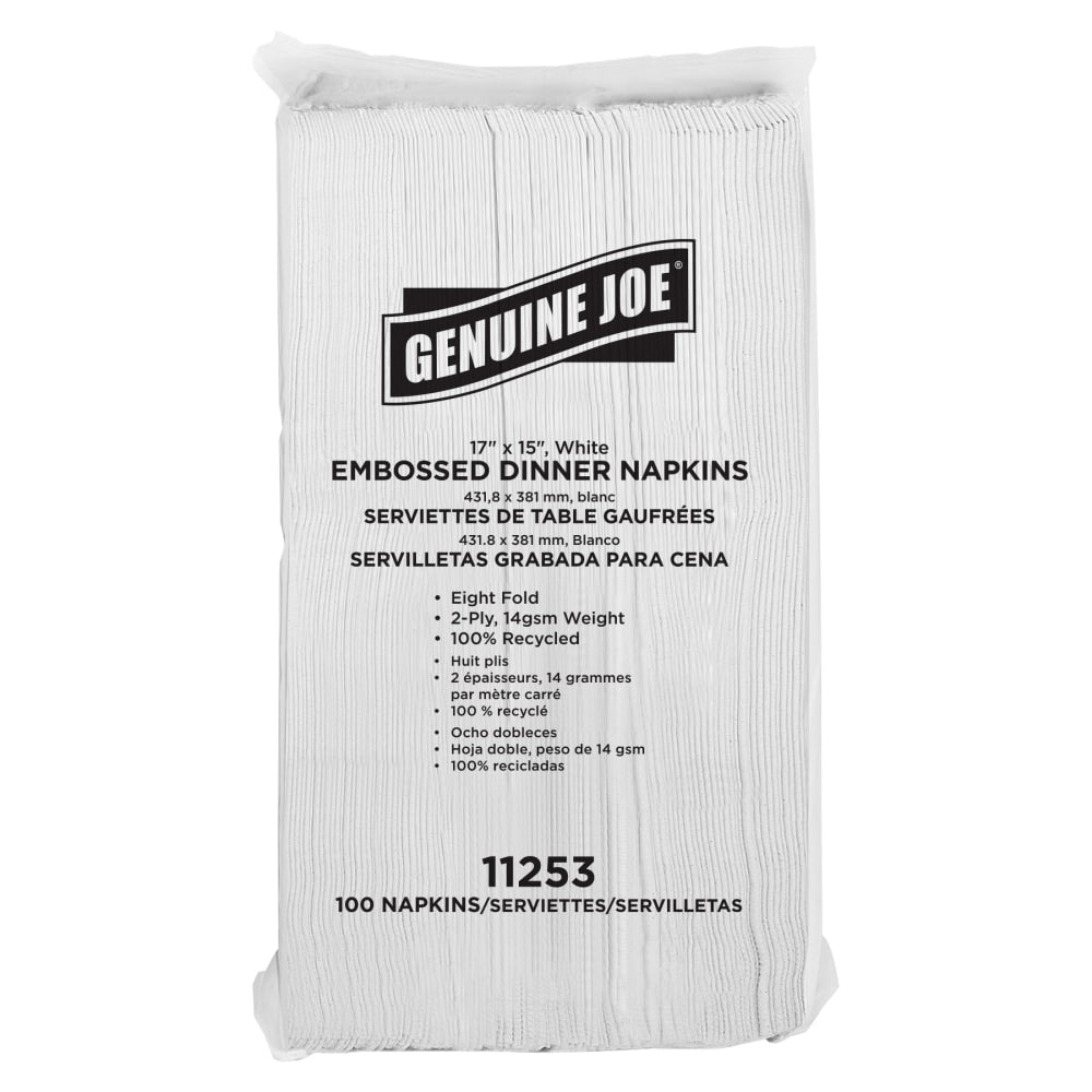 Genuine Joe Embossed 2-Ply Dinner Napkins, 17in x 15in, 100% Recycled, White, 100 Napkins Per Sleeve, Carton Of 30 Sleeves