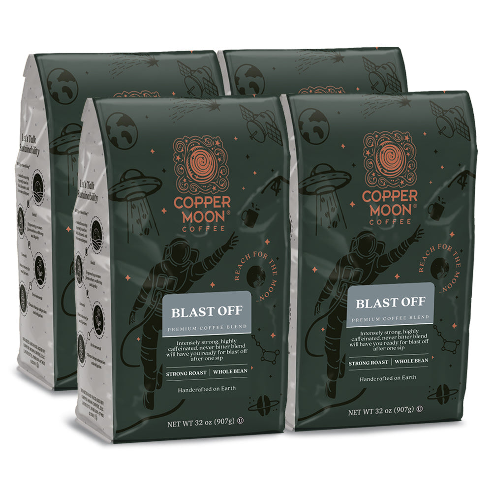 Copper Moon Whole Bean Coffee, Blast Off High Caffeine Blend, 2 Lb Bag, Case Of 2 Bags