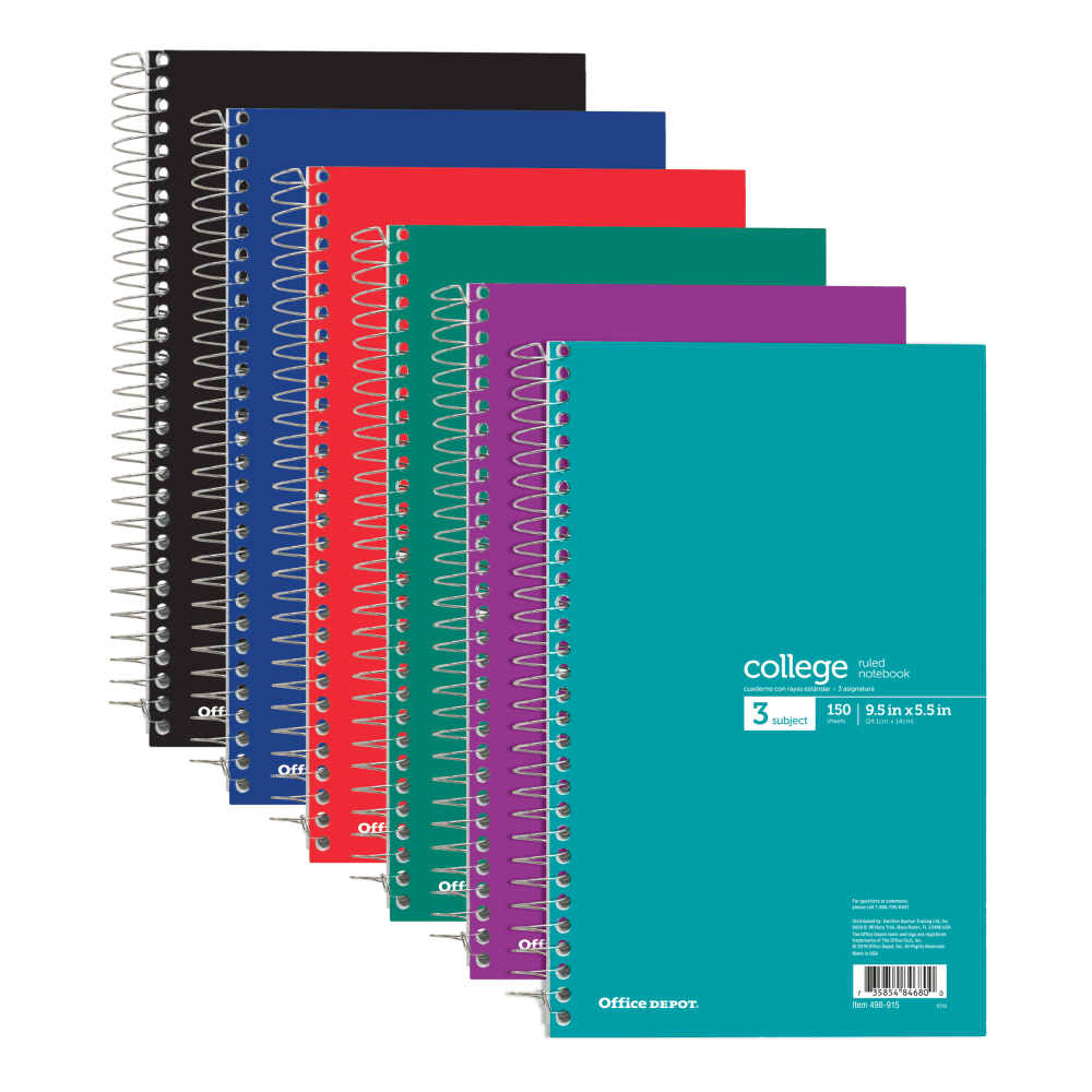 Office Depot Brand Wirebound Notebook, Perforated, 6in x 9 1/2in, 3 Subjects, College Ruled, 150 Sheets, Assorted Colors (No Color Choice)
