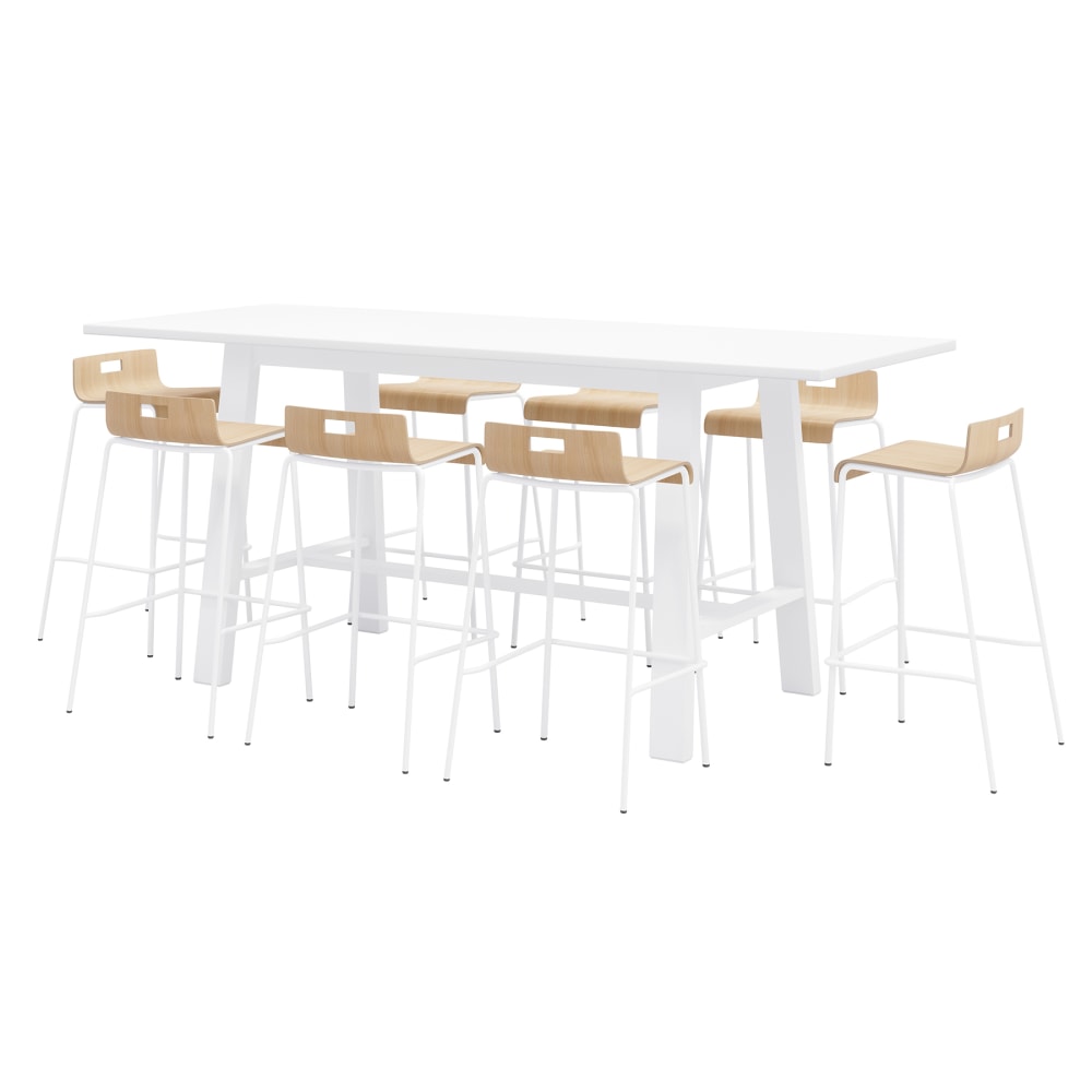 KFI Studios Midtown Bar Height Table With 8 Low Back Bar Stools, White Table, Natural/White Stools