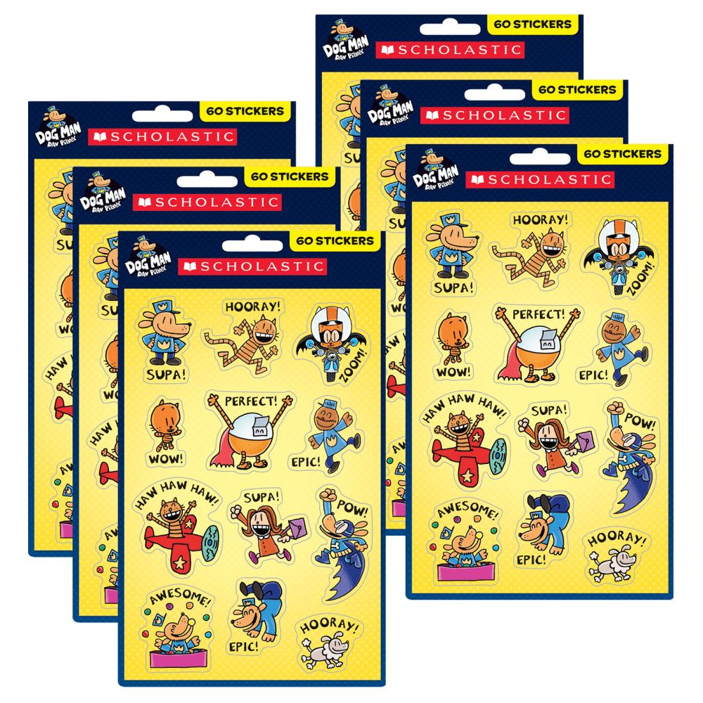 Scholastic Teacher Resources Stickers, Dog Man, 60 Stickers Per Pack, Set Of 6 Packs