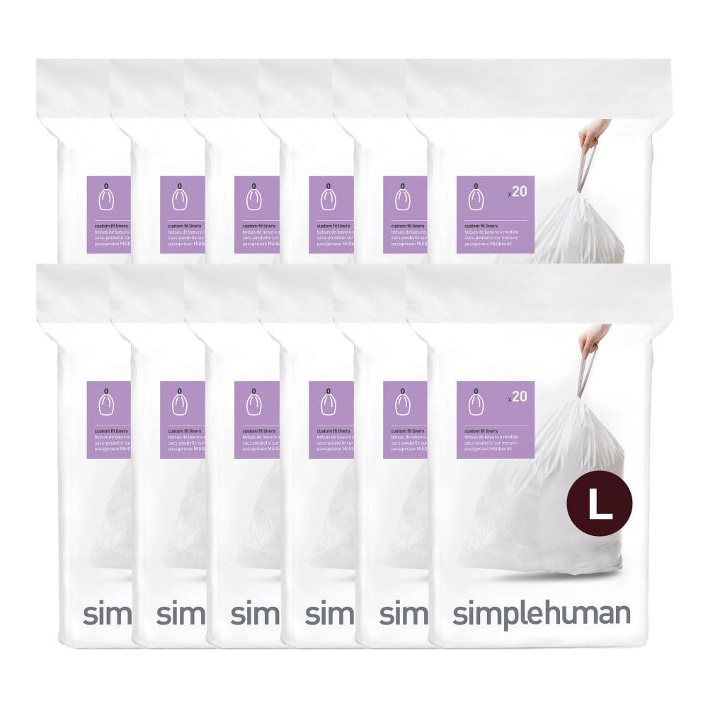 simplehuman Custom-Fit Trash Can Liners, Code L, 0.025-mil, 4.76 Gallons, 20in x 18 3/4in, White, Pack Of 240 Liners