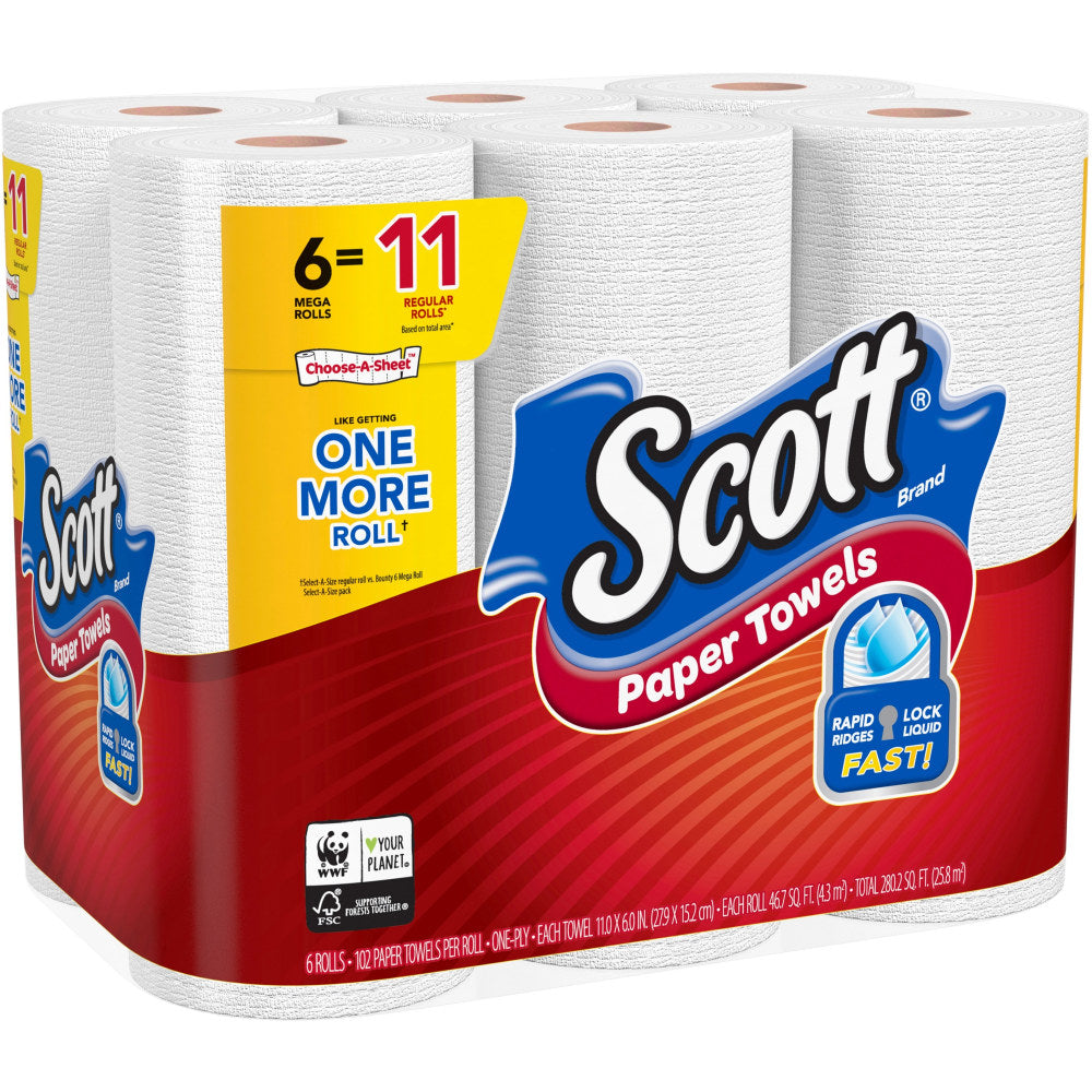 Scott Choose-A-Sheet 1-Ply Mega Paper Towels, 102 Sheets Per Roll, Pack Of 24 Rolls