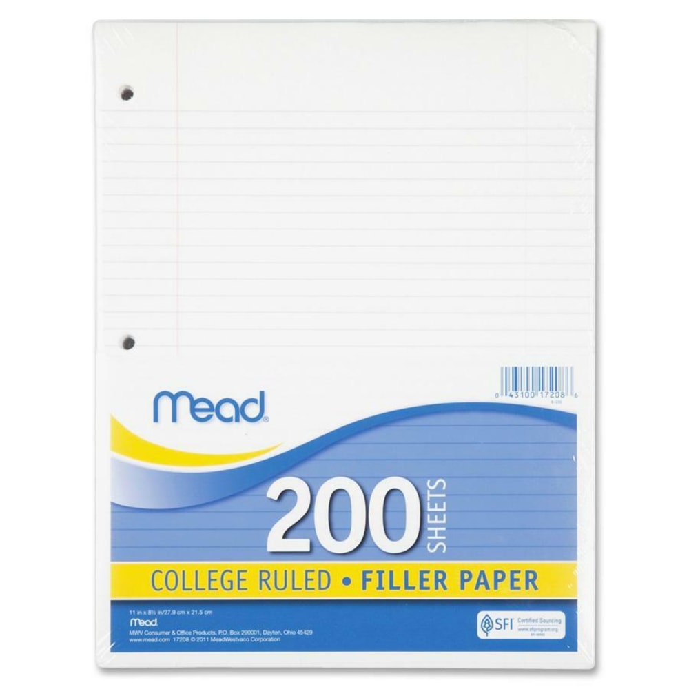 Mead Notebook Filler Paper - Letter - 200 Sheets - Spiral - 0.31in Ruled - Ruled Red Margin - 16 lb Basis Weight - Letter - 8 1/2in x 11in - White Paper - 200 / Pack