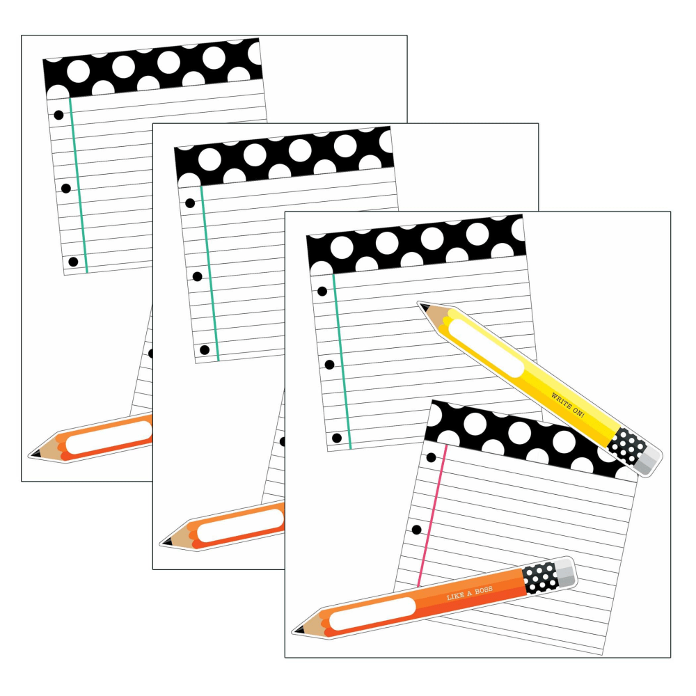 Carson Dellosa Education Cut-Outs, Schoolgirl Style Black, White & Stylish Brights Pencils And Papers, 12 Cut-Outs Per Pack, Set Of 3 Packs