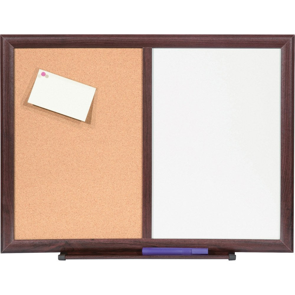 Lorell Non-Magnetic Melamine Dry-Erase Whiteboard Cork Combo Board, 24in x 18in, Mahogany Wood Frame