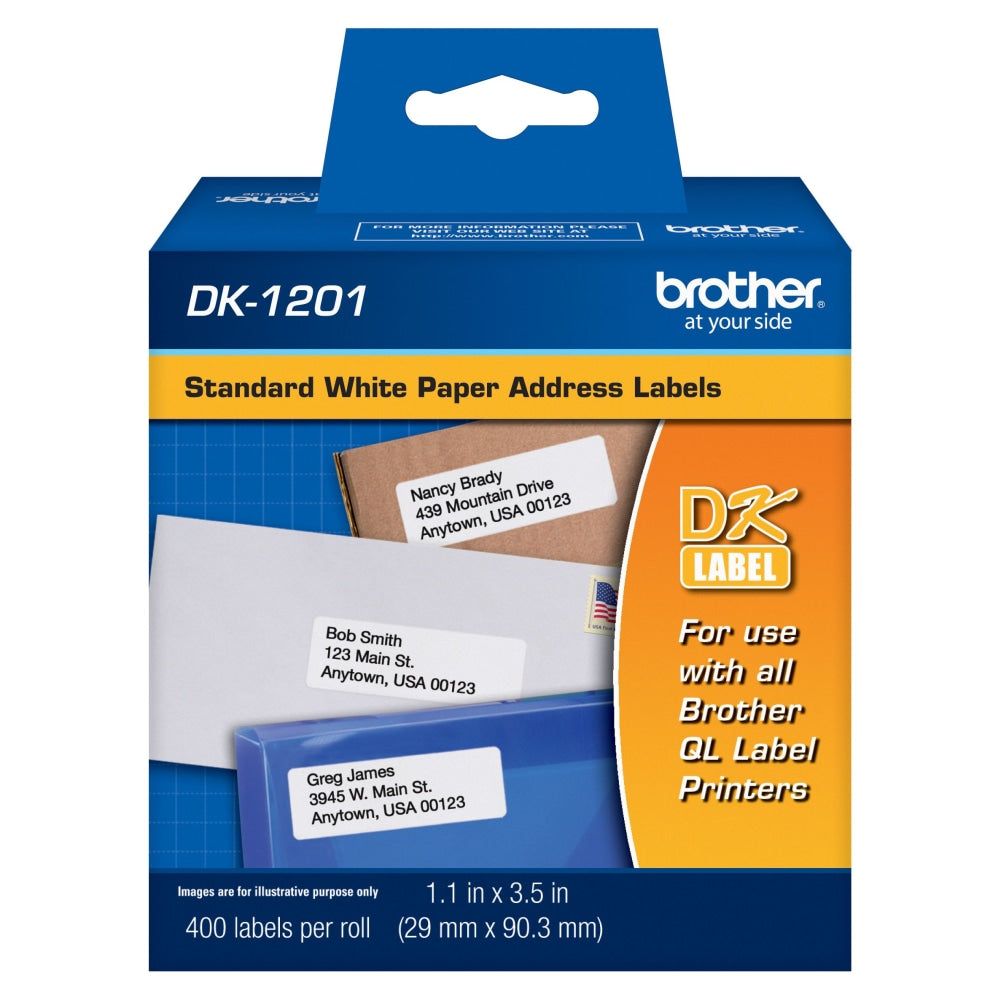 Brother DK-1201 Standard Address Labels, DK1201, 3 1/2in x 1 1/2in, White, Pack Of 400