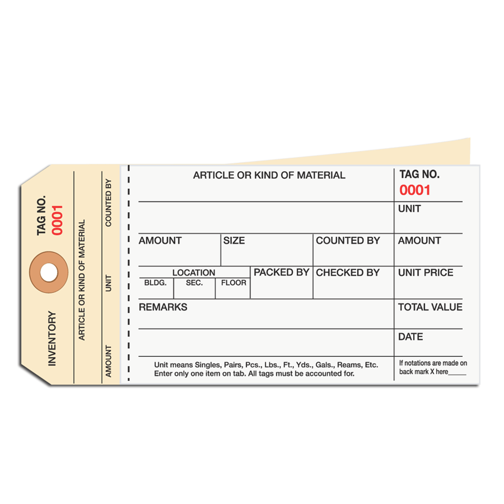 B O X Packaging Manila Inventory Tags, 2-Part Carbonless Stub Style, 1000-1499, Box Of 500