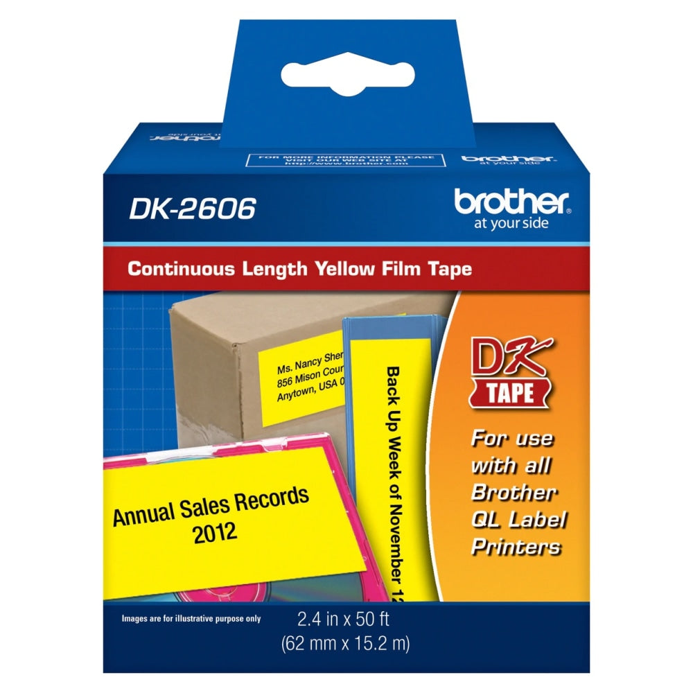 Brother DK-2606 Black-On-Yellow Tape, Continuous-Feed Film Roll, 2.5in x 50ft