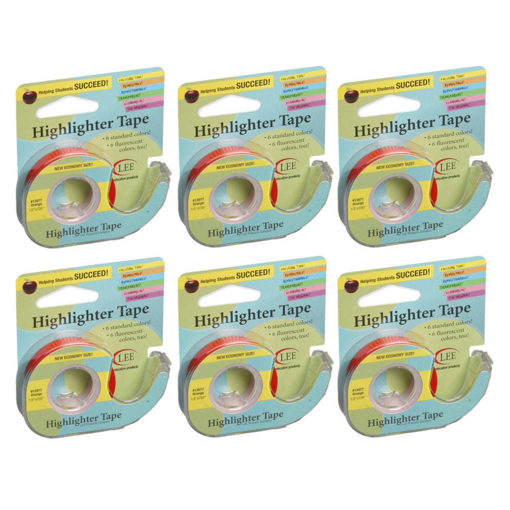 LEE Products Removable Highlighter Tape, 1/2in x 720in, Orange, Pack Of 6 Rolls